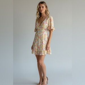 Saints + Secrets Floral Ruffle Mini Dress Peach Yellow Print Women’s Size S